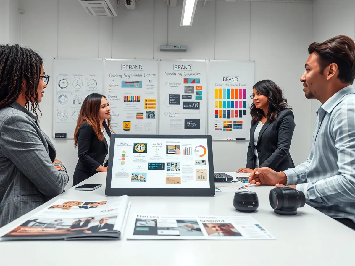品牌升级方案讨论会议,团队在会议室分析品牌诊断报告和物料样本